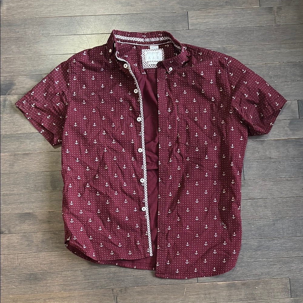 Men's Medium Cactus Man Brand Burgundy Anchor Print Button Down Shirt